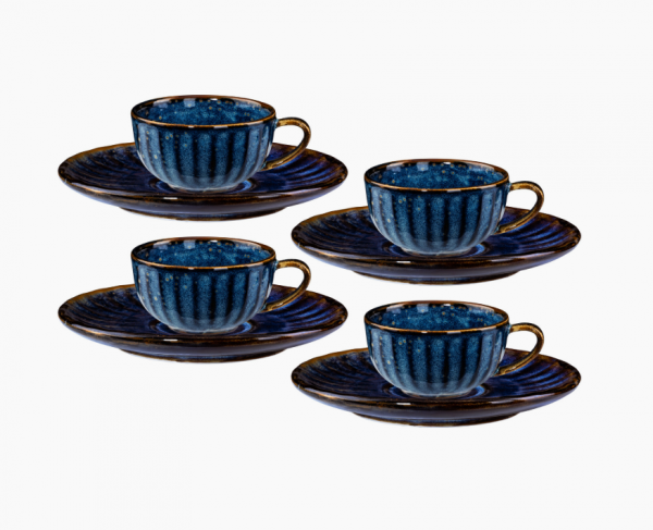 Набор из 4 чашек с блюдцами DEEP BLUE голубой фарфор